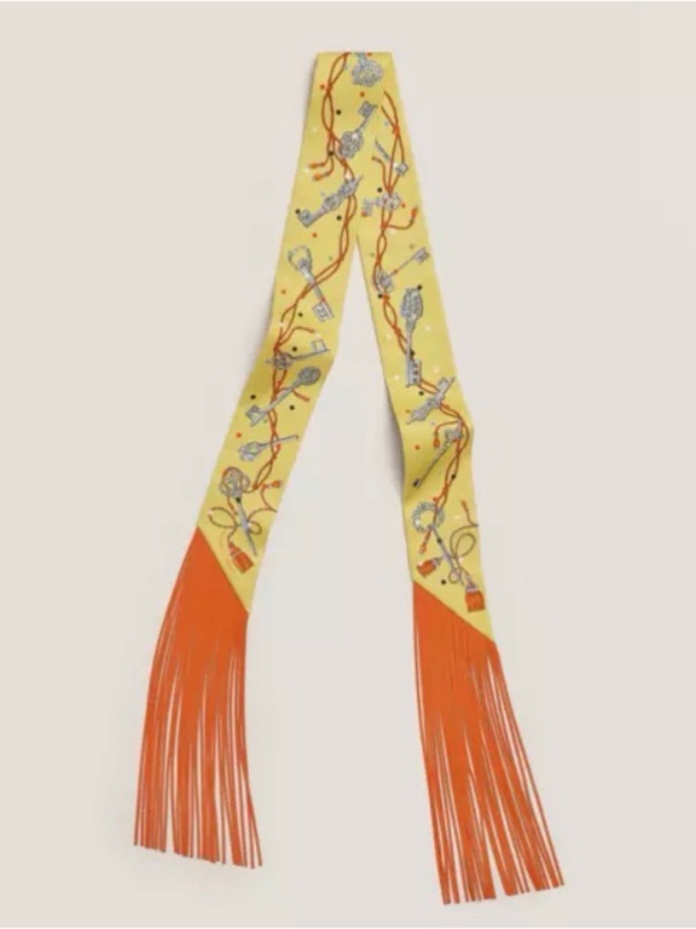 Hermes Les Cles A Pois Leather Fringed Silk Twilly Jaune/Argent/Orange